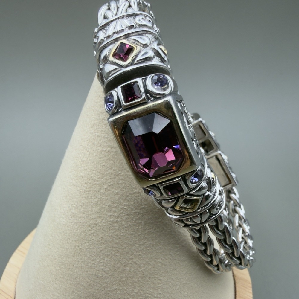 John Candice JC Purple Crystal Bracelet Byzantine Chain Silver Tone Y2K READ